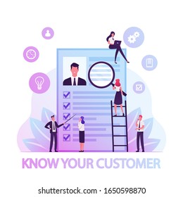 KYC or Know Your Customer Concept, Process of Business Verifying of Clients Identity and Assessing their Suitability, Tiny Businesspeople Learning Customer Profile. Cartoon Flat Vector Illustration