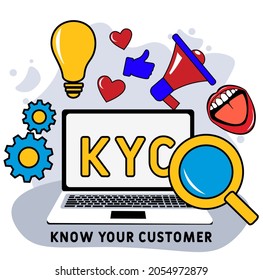 KYC or know your customer concept. Idea of business identification and finance safety. magnifyng glass. Cyber crime. Isolated flat illustration