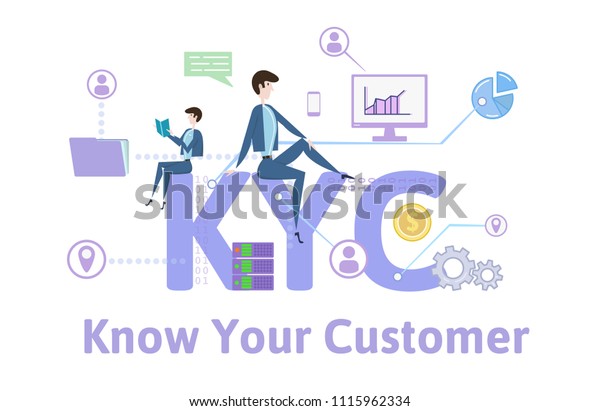 KYC, Know Your Customer. Concept with\
keywords, letters and icons. Colored flat vector illustration on\
white background.