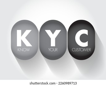 KYC Know Your Customer - guidelines in financial services to verify the identity, suitability, and risks, acronym text concept background