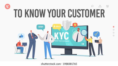 KYC, Know Your Customer Landing Page Template. Business Verifying of Clients Identity and Assessing their Suitability, Tiny Businesspeople Learning Customer Profile. Cartoon People Vector Illustration