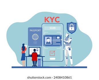 KYC or know your customer with  Robot Scanning Man Face Biometric Identification Access Control Technology Recognition System verifying the identity 