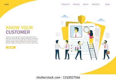 KYC, know your customer vector website template, web page and landing page design for website and mobile site development. Process of business verifying the identity of its clients concept.