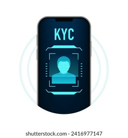 KYC - Conozca el diseño de iconos vectoriales de su cliente. Símbolo de identidad de perfil. Información personal para el concepto de identificación. Smartphone con tecnología de reconocimiento facial. Ilustración del vector 