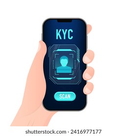 KYC - Know Your Customer vector icon design. Profile identity symbol. Personal information for identification concept. Smartphone with Facial Recognition Technology. Vector illustration 