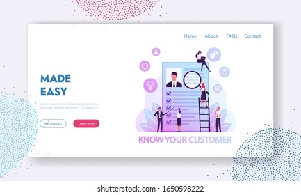 Página de Inicio de Sitio Web de KYC o Conozca a su Cliente. Verificando la identidad de los clientes y evaluando su idoneidad, BusinessPeople Learn Customer Profile Web Banner. Ilustración de vectores planos de caricaturas