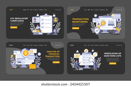 KYC noche o modo oscuro web o página de aterrizaje conjunto. En las ilustraciones se muestran el cumplimiento riguroso, la supervisión de transacciones, el análisis financiero y la selección de sanciones. Ilustración vectorial plana.