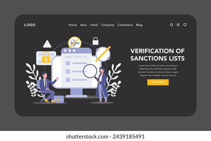 KYC night or dark mode web or landing page. Verification of Sanctions Lists. Diligent cross-referencing against official restrictions to maintain legal and financial compliance. Vector illustration.