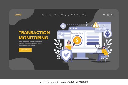 KYC night or dark mode web or landing page. Transaction Monitoring. Vigilant tracking of financial activities to detect and prevent unauthorized or fraudulent transactions. Flat vector illustration.