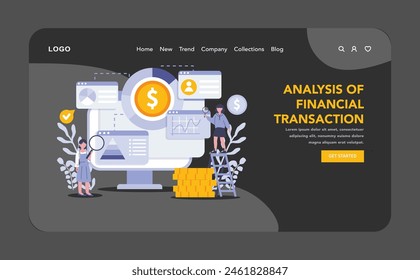 KYC night or dark mode web or landing page. Financial Transaction Analysis. Precise scrutiny of monetary exchanges to detect discrepancies, ensuring financial integrity. Flat vector illustration.