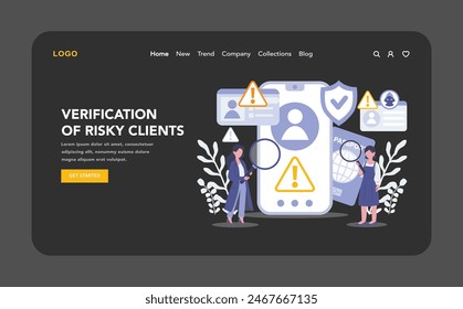 KYC night or dark mode web or landing page. Verification of Risky Clients. Strategic examination of client profiles to safeguard against potential financial threats. Flat vector illustration.