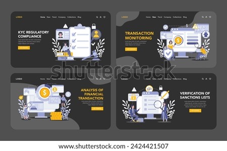 KYC night or dark mode web or landing page set. Illustrations depict rigorous compliance, transaction monitoring, financial analysis, and sanctions screening. Flat vector illustration.