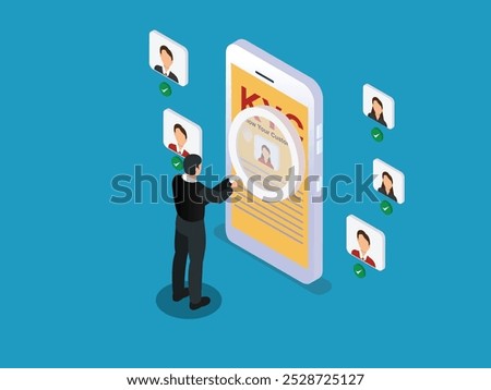 KYC Process with Businessman Verifying Customer Identity on Mobile - Digital Compliance and Customer Authentication 3d isometric vector illustration