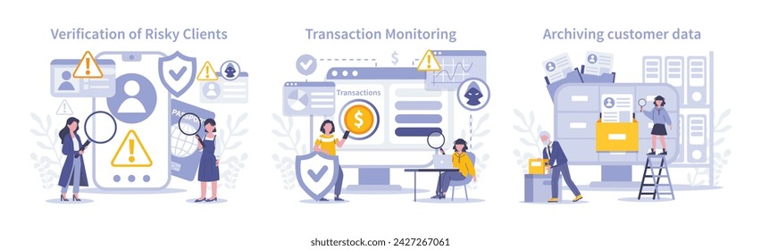 KYC set. Rigorous assessment of risky profiles, diligent transaction scrutiny, and meticulous archiving of customer data for security. Flat vector illustration.