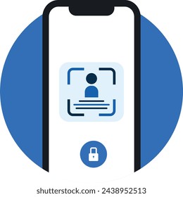 KYC vector icon with mobile. KYC customer data digital verification for UI design icon. Know your customer icon in blue colour with verification scan and security icon. Vector KYC label or sticker