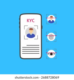 KYC-Verifizierungsprozess auf einem Smartphone. Konzept der Identitätsüberprüfung, biometrischen Abtastung, Gesichtserkennung, Fingerabdruck und Augenabtastung