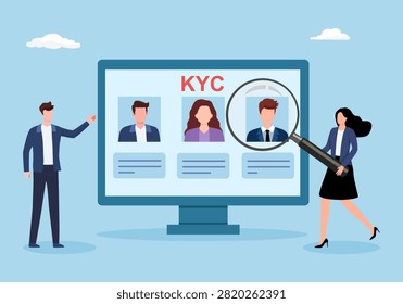 KYC verifying the identity of its clients using bio metric identification scanning face and fingerprint recognition. flat vector illustrator.