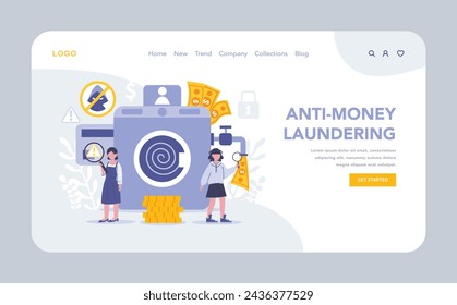 Página web o landing page de KYC. Lucha contra el blanqueo de capitales. Medidas eficaces y vigilancia vigilante para prevenir las corrientes financieras ilegales y garantizar su cumplimiento. Ilustración vectorial plana.