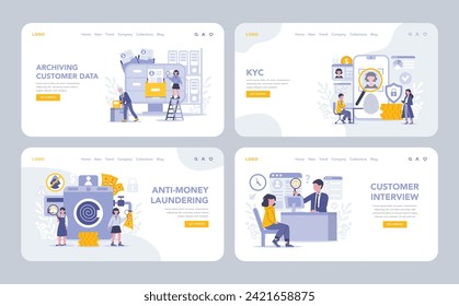 KYC Web- oder Landing Page Set. Wesentliche Verfahren für die Archivierung von Kundendaten, Identitätsüberprüfung, Geldwäsche und Kundeninterviews wurden vorgestellt. Flache Vektorgrafik.
