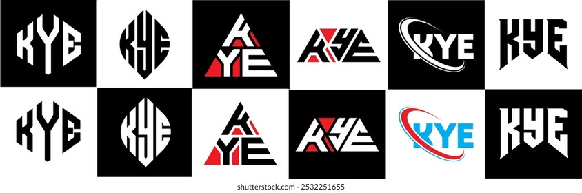KYE letter logo design in six style. KYE polygon, circle, triangle, hexagon, flat and simple style with black and white color variation letter logo set in one artboard. KYE minimalist and classic logo