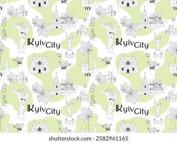 Kyiv city, capital of Ukraine. Urban landscape in lines in light green tones. Seamless pattern, background, print for paper and wallpaper. Vector illustration
