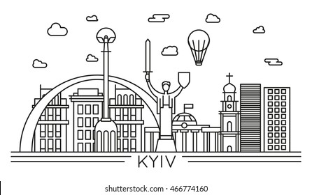 kyiv city line vector illustration. linear style capital famous buildings, monuments and sights