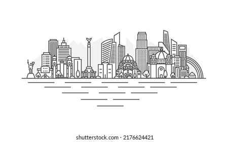 Kyiv city, Ukraine architecture line skyline illustration. Linear vector Kiev cityscape with famous landmarks, city sights, design icons. Landscape with editable strokes.