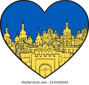 Kyiv famous buildings in blue yellow heart icon. National flag colors