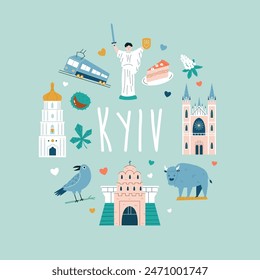 Kyiv hand drawn poster, decoration with famous symbols, landmarks - Sophia of Kyiv, Golden Gate, St Andrew Church, St Nicholas Cathedral