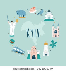 Kyiv hand drawn poster, decoration with famous symbols, landmarks - Sophia of Kyiv, Golden Gate, St Andrew Church, St Nicholas Cathedral