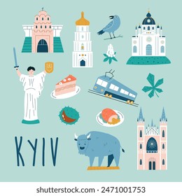 Kyiv hand drawn poster, decoration with famous symbols, landmarks - Sophia of Kyiv, Golden Gate, St Andrew Church, St Nicholas Cathedral