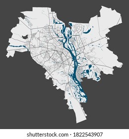 Kyiv Kiev map. Detailed map of Kyiv Kiev city administrative area. Cityscape panorama. Royalty free vector illustration. Outline map with highways, streets, rivers. Tourist decorative street map.