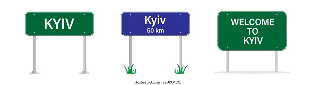 Kyiv road sign. Welcome to Kyiv, Ukraine. Kyiv city entering sign. Billboard on the road. Vector image