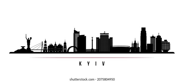 Kyiv skyline horizontal banner. Black and white silhouette of Kyiv, Ukraine. Vector template for your design. 