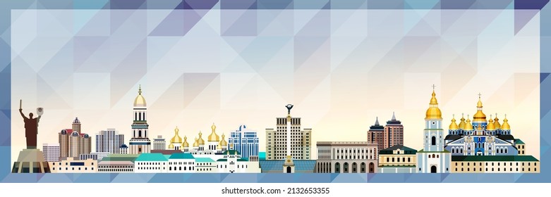 Kyiv skyline vector colorful poster on beautiful triangular texture background