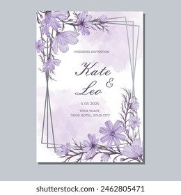 Kyiv, Ukraine - 03 22 2024: Beautiful vector wedding invitation layout with border of purple cosmos flowers with watercolor background. Classic floral design for wedding decor.