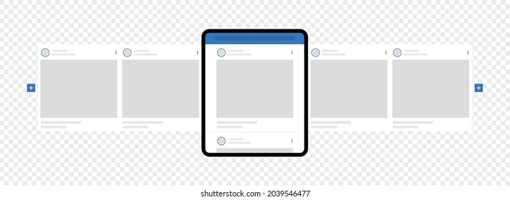 Kyiv, Ukraine - August 1, 2021: Tablet Pc With Facebook Carousel Posts. Social Network Ads Post For Popular App Interface. Facebook Carousel Interface Post Mockup Template.