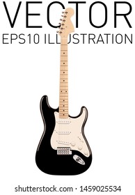KYIV, UKRAINE - JULY 5, 2019: Realistic vector illustration of black six-stringed electric guitar isolated on white background. The Fender Stratocaster designed in 1954 by Leo Fender. Editorial.