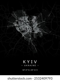 Kyiv vector map in black. Detailed map of Kyiv city in Ukraine. Best free vector illustration. Outline map with highways and streets. Tourist decorative street map.