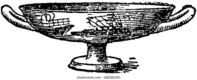 Kylix Is the pottery of ancient Greece,  the most common type of wine-drinking cup, vintage line drawing or engraving illustration.