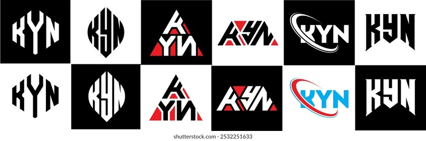 KYN letter logo design in six style. KYN polygon, circle, triangle, hexagon, flat and simple style with black and white color variation letter logo set in one artboard. KYN minimalist and classic logo