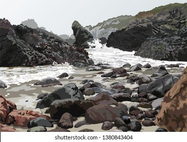 Kynance Cove on the Lizard Peninsula, Cornwall, England with Dramatic Rugged Rock Stacks, Swirling Sea and Mist Vector