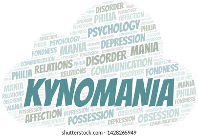 Kynomania word cloud. Type of mania, made with text only.