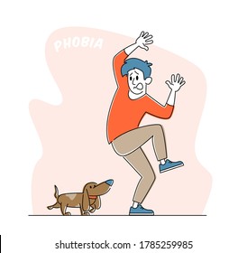 Kynophobia Concept. Male Character afraid of Little Friendly Dog Trying to protect himself from Animal on Street Crying and Feeling Stress. Mental Disorder, Health Problem. Linear Vector Illustration