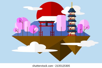 Kyoto Castle, Torii Gate, Mount Fuji and Cherry Blossom trees are on a floating island with a red sun in the background representing Japan, vector illustration landscape perspective background.