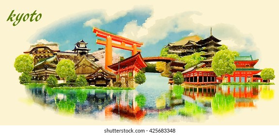 KYOTO City Panoramic Vector Water Color Illustration