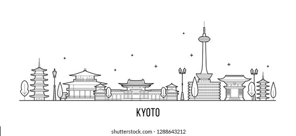 Kyoto City skyline, Tamil Nadu, Japan. This illustration represents the city with its most notable buildings. Vector is fully editable, every object is holistic and movable