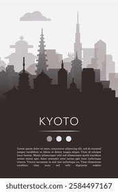 Kyoto city template for website, presentation, front page, invitation, publication sheet with skyline, landmarks. Vector Japan image layout, simple and grayscale