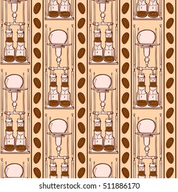 Kyoto coffee dripper and coffee beans seamless pattern. Doodle sketchy style. Vertical rhythm. EPS10 vector illustration.