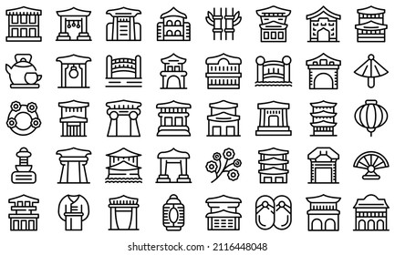 Kyoto icons set outline vector. Architecture real. Japan estate